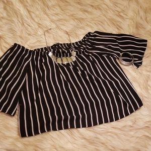 Pinstripe Off the Shoulder Cropped Blouse